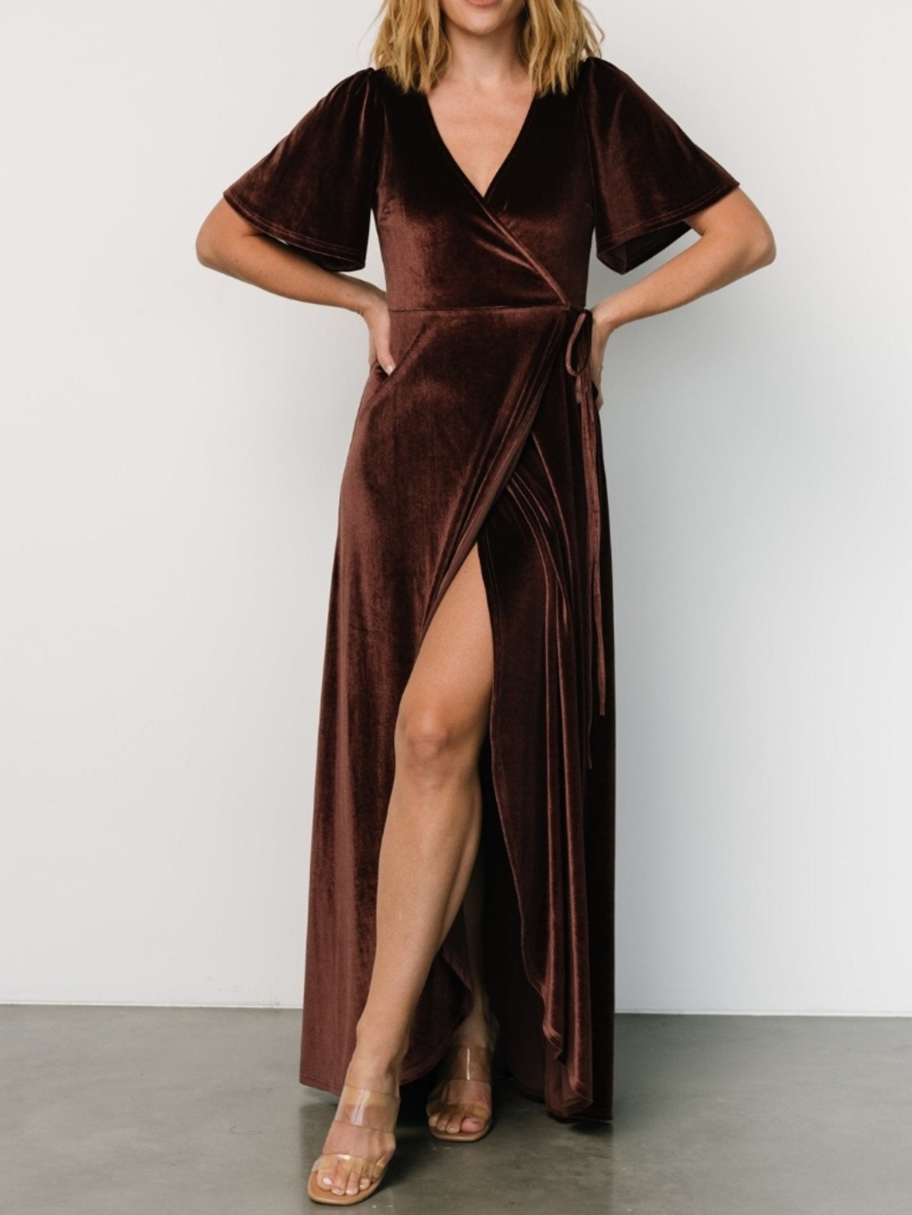 Baltic Born Katelyn Clove Velvet Maxi Wrap Dress Mauve Brown Wedding Guest - Picture 3 of 15